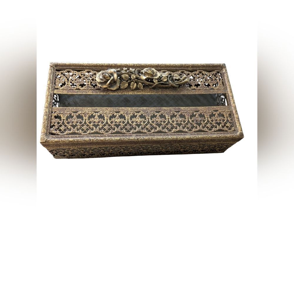 Vintage MCM Brass Tissue Box Cover Fillagree With Flowers